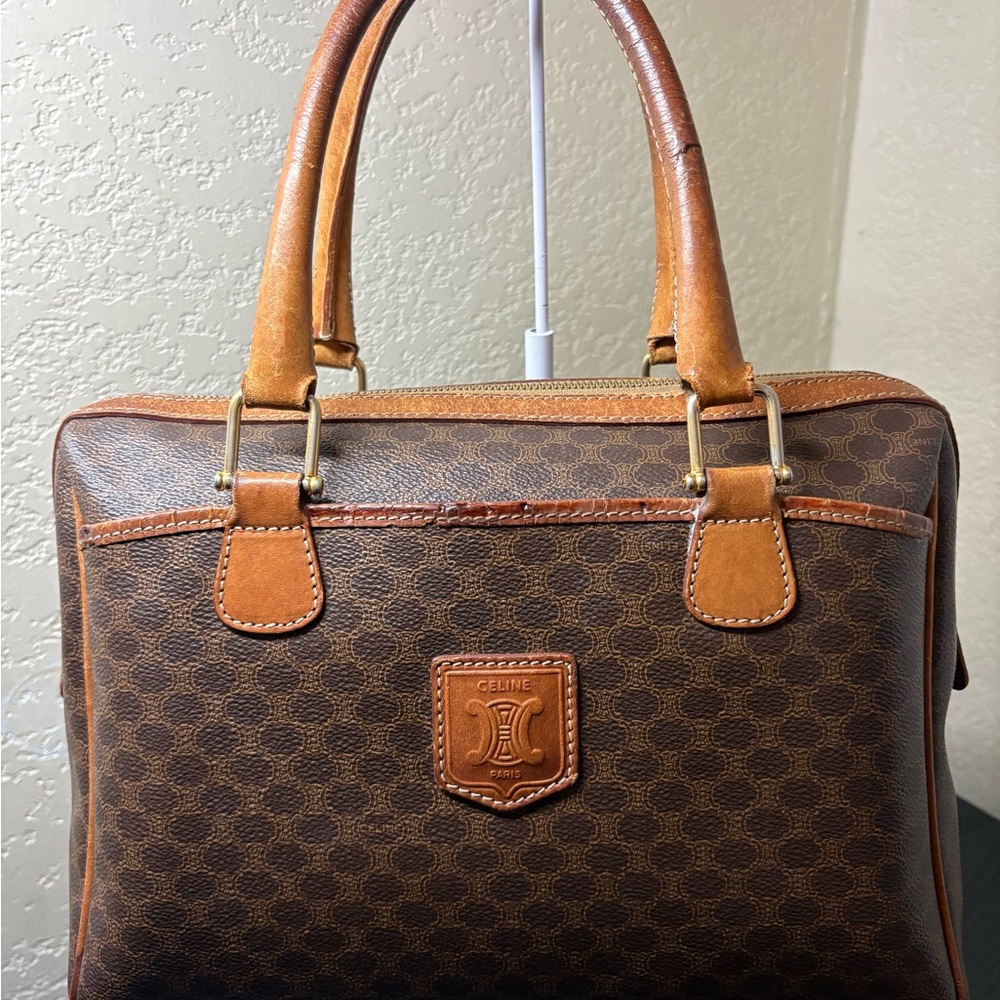 👜 Celine Vintage Macadam Boston Bag – Brown PVC & Leather – Clean Interior